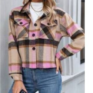 Plaid Button-Up Jacket in Pink and Tan